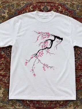 Sakura White Tee with Black Branch for women and Pink Graphic Size M